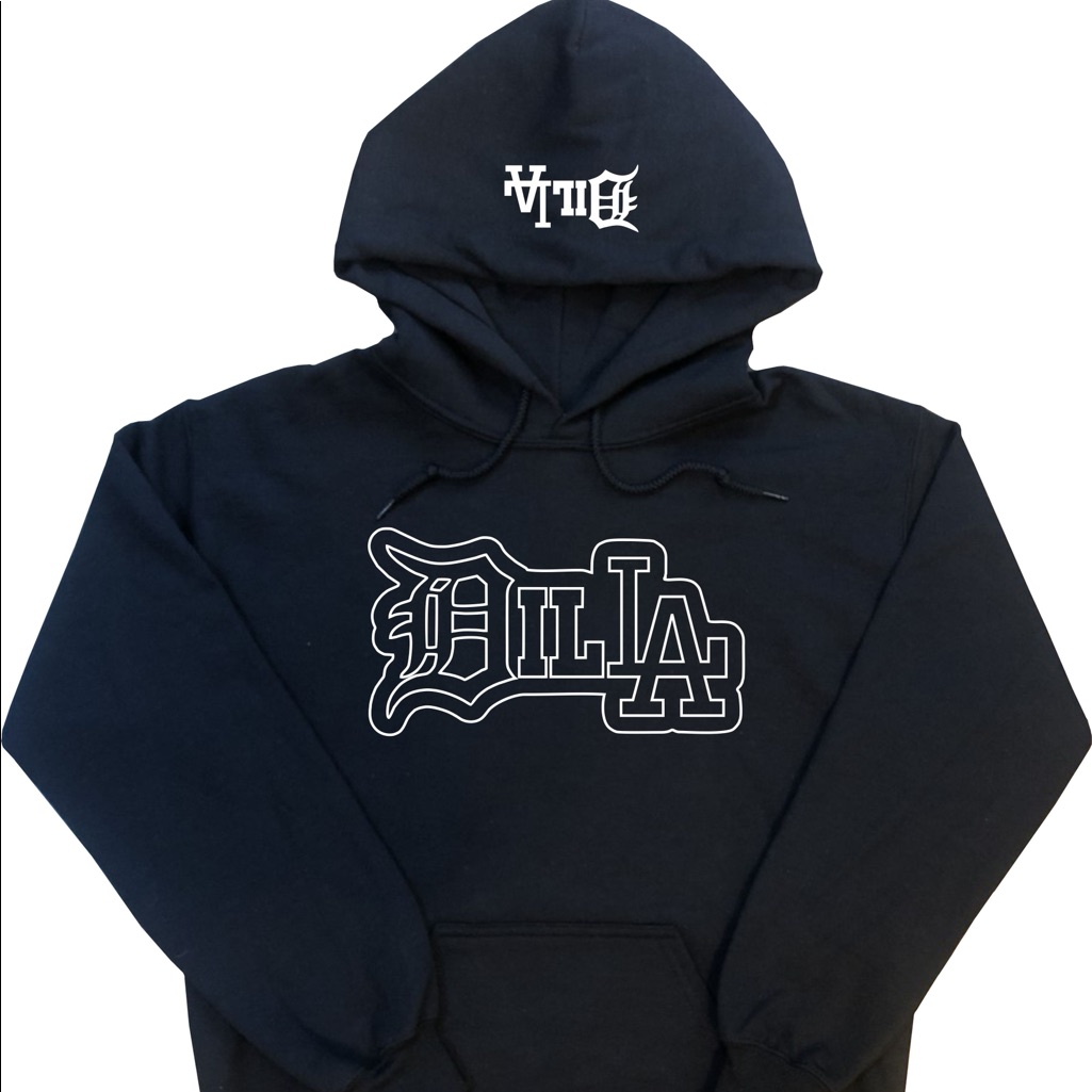 J Dilla Hoodie With Dilla Design On Front And Hood Black (White Designs)